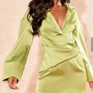 Pretty Little Thing Premium Chartreuse Bell Sleeve Shirt Dress Satin Green